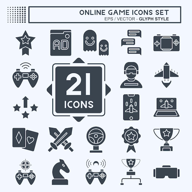 Icon Set Juego en línea relacionado con Hobby símbolo estilo glifo ilustración simple