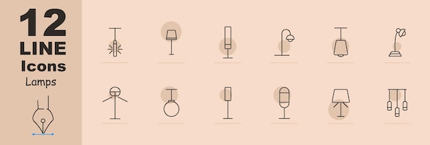 Vector icon set lámparas lámparas accesorios de iluminación luz candelabro linterna bombilla iluminación concepto variedad tubo iluminador brillo brillo concepto de elección