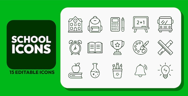 Icon Set Mochilas Libros Autobús Escolar Amplificador de pizarra Más perfecto para los diseños de regreso a la escuela