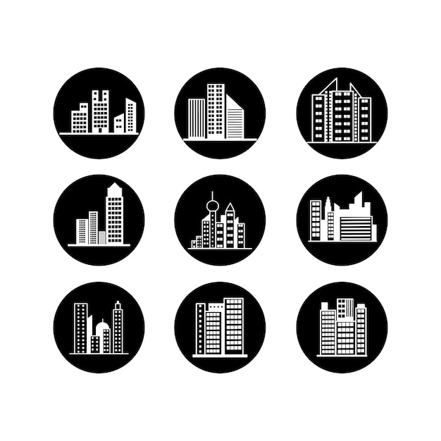 Icon Set of Building Rascacielos Ilustraciones en blanco y negro