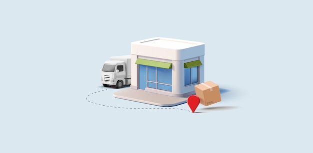 Icon de ubicación de la caja del camión de construcción de la tienda 3D Banner moderno para conceptos comerciales de logística