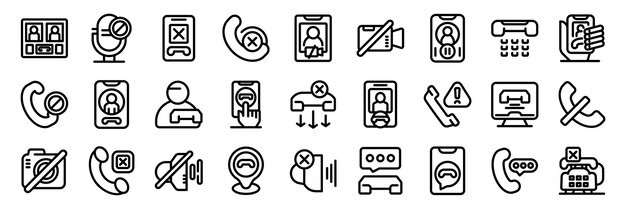 Iconas de finalización de llamadas establecidas Personas que bloquean llamadas usando teléfonos inteligentes y iconas de redes sociales establecidas vector