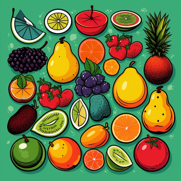 Vector iconas de frutas conjunto de varias frutas de dibujos animados de colores