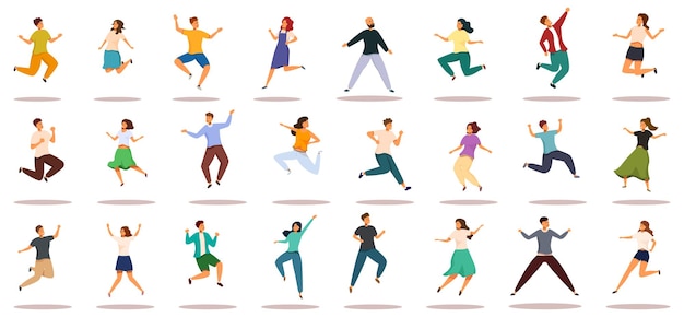 Iconas de salto de pareja conjunto vector de dibujos animados personaje feliz