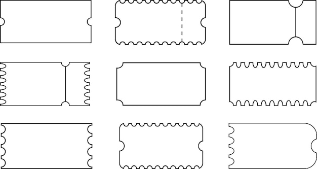Iconas vectoriales de entradas con líneas negras para cine, parque, cupón, teatro y otros eventos