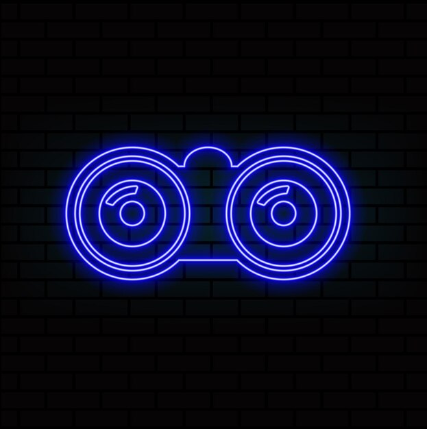 Icones de binoculares brillantes de neón aislados en el fondo de la pared de ladrillo Encuentra el letrero de software Equipo de espionaje