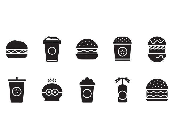Icones de comida y bebida negras en fondo blanco