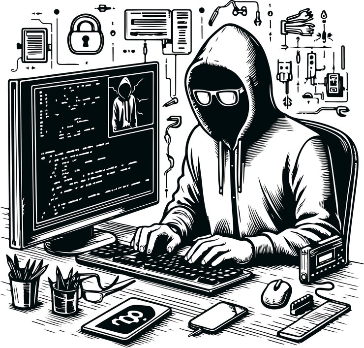 Vector iconic computer hacker icon vector silueta plantilla en el fondo blanco aislado