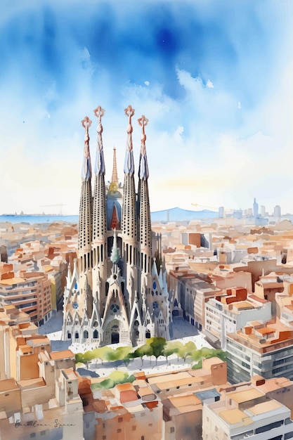 Vector la icónica sagrada familia se eleva sobre barcelona en una vívida ilustración en acuarela