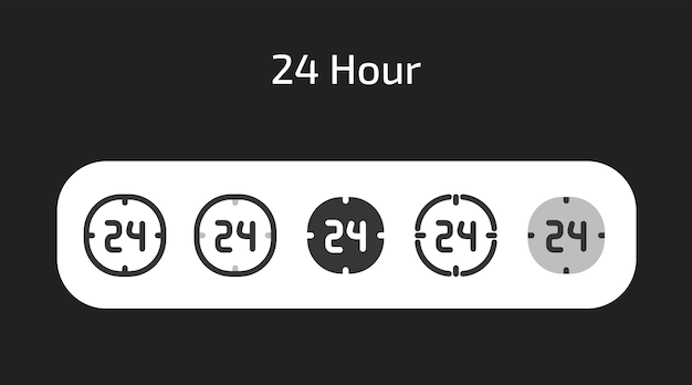 Icono de 24 horas en un fondo negro en 5 estilos diferentes