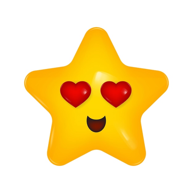 Icono 3d de una estrella amarilla con una cara sonriente Ojos en forma de corazón Sonrisa de amor Corazones rojos