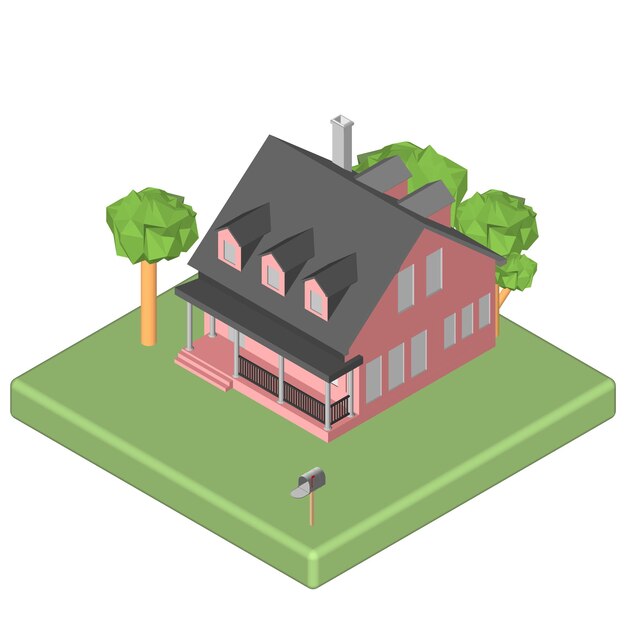 Icono 3D isométrico. Casa de pictogramas con buzón y árboles. Ilustración vectorial eps 10.