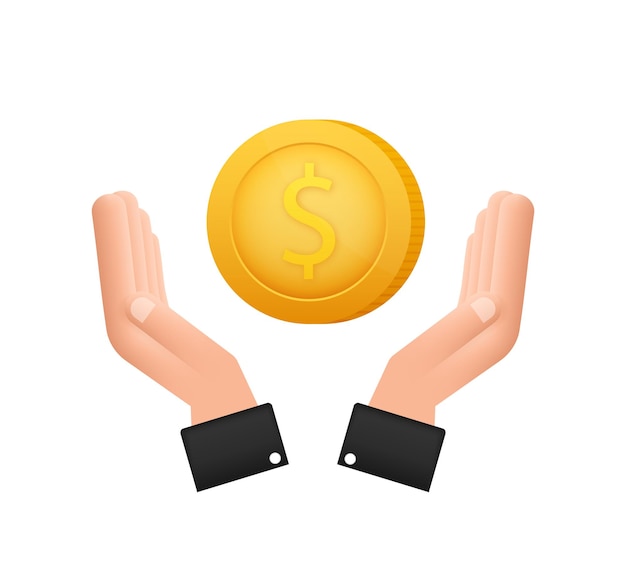 Icono 3d con mano de oro con moneda de un dólar para el diseño de concepto icono financiero vectorial simple