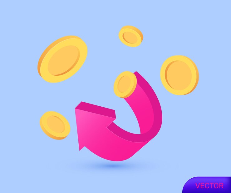 Vector icono 3d realista de retención de monedas flecha devolución de dinero nuevo concepto diseño vectorial