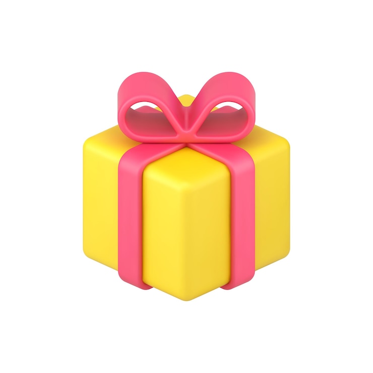 Vector icono 3d de regalo de caja amarilla sorpresa de vacaciones con cinta roja y lazo