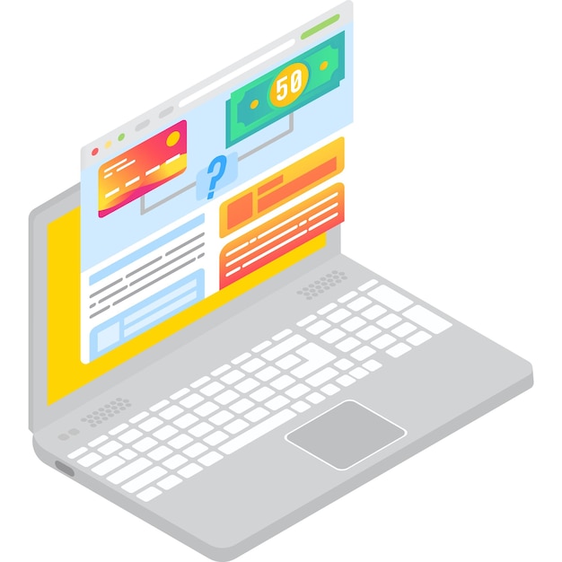 Icono 3d de servicio de método de pago Computadora portátil de vector isométrica con sitio web de mercado de tienda de Internet y opciones de variedad para pago inalámbrico aislado sobre fondo blanco