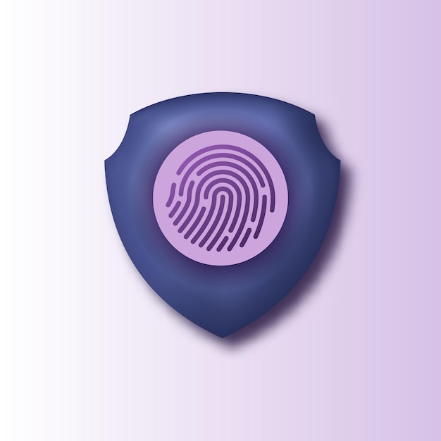 Vector icono 3d del sistema de señal de privacidad de identificación de protección de datos de escudo con patrón biométrico de huellas dactilares. firewall de seguridad de datos