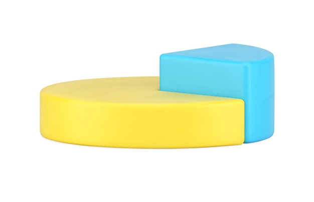 Icono 3d de vista lateral de gráfico circular infografía círculo amarillo volumétrico con parte azul triangular resaltada