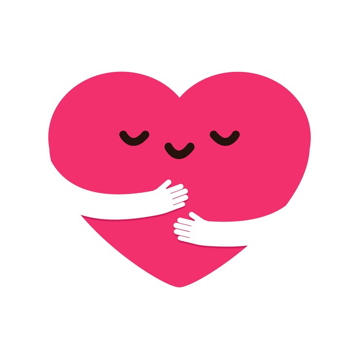 Vector icono de abrazo de personaje de corazón de dibujos animados lindo corazón kawaii con brazos abrazados ámate a ti mismo cuidado personal