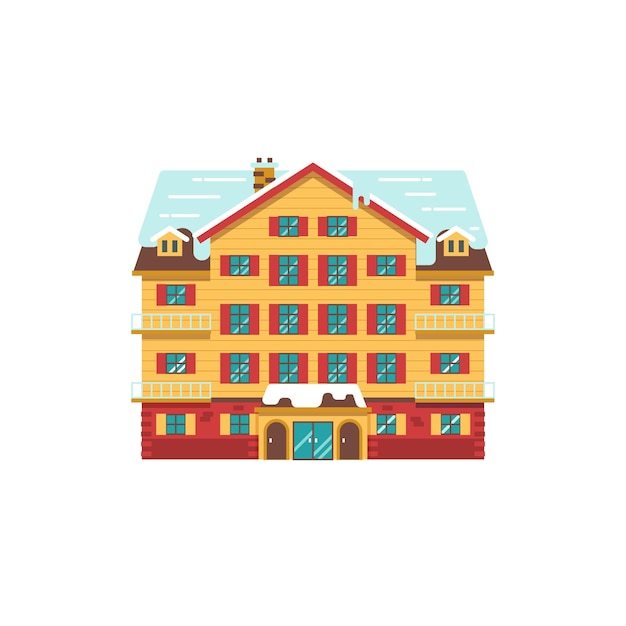 Icono abstracto de spa y estación de esquí en diseño plano ilustración de vector de hotel de montaña de invierno de dibujos animados edificio de posada de vacaciones nevado aislado sobre fondo blanco