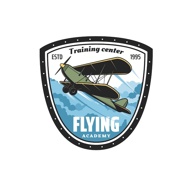 Icono de academia de vuelo con avión vintage Centro de entrenamiento de la escuela de pilotos o placa de escudo escolar o emblema de vector retro con biplano de hélice vintage avión clásico volando en las nubes