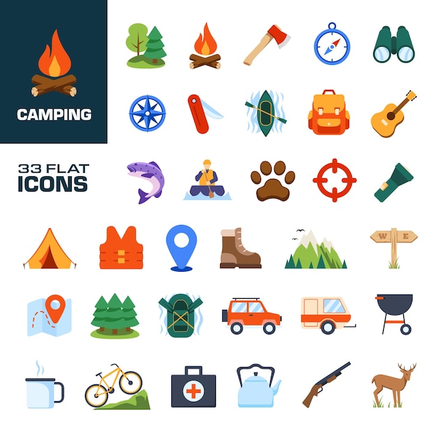 Icono de acampada Conjunto de íconos de acampado Estilo de dibujos animados