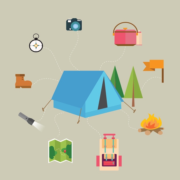 icono de acampada de senderismo conjunto de mapa tienda de campaña bandera de brújula ilustración de aventura