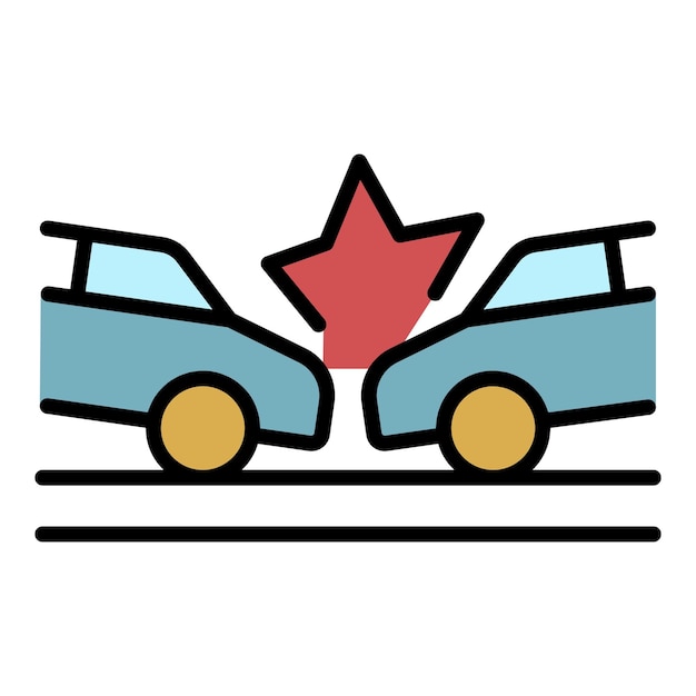 Icono de accidente de automóvil en la carretera Contorno de vector de accidente de vehículo en la carretera Icono de color plano aislado