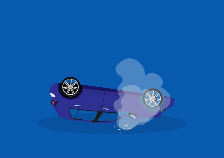 Vector icono de accidente automovilístico volcado en la vista lateral de la carretera ilustración vectorial estilo plano de dibujos animados