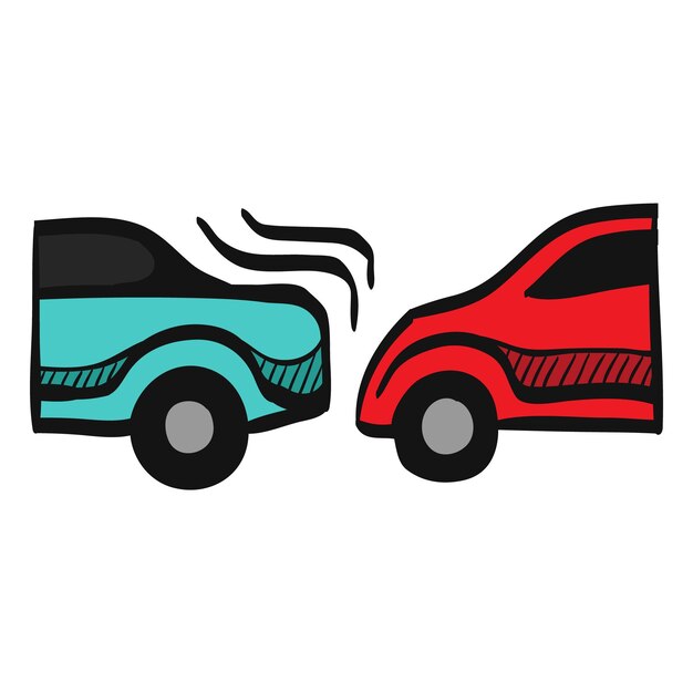 Icono de accidente de coche en la ilustración de vector de color dibujado a mano