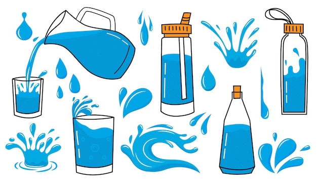 Icono de agua de garabato salpicaduras de líquido de dibujos animados y gotas botella o vasos con agua pura para beber embalaje de reciclaje dibujado a mano gotas azules que caen verter bebida de jarra conjunto de salpicaduras de líquido vectorial