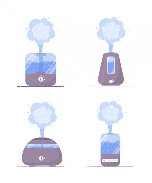 Icono de aire humidificador. Conjunto de purificadores ultrasónicos microclima para el hogar. Humedad saludable Ilustración moderna en estilo de dibujos animados plana.