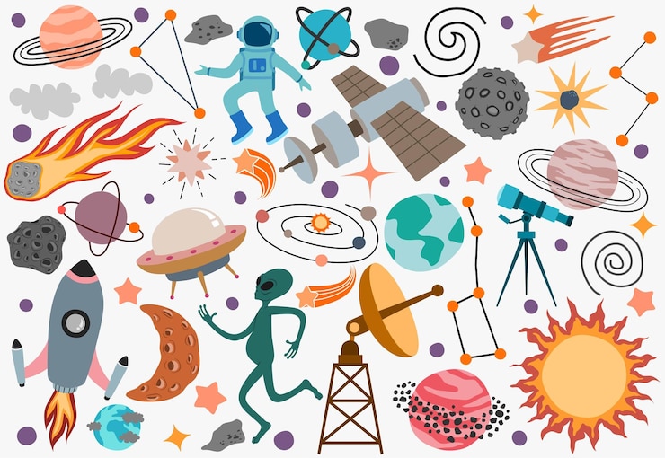Vector el icono aislado de color del universo espacial establece elementos del espacio exterior.