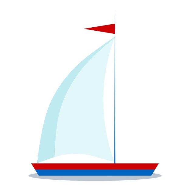 Vector icono aislado de dibujos animados velero azul y rojo con una vela sobre fondo blanco.