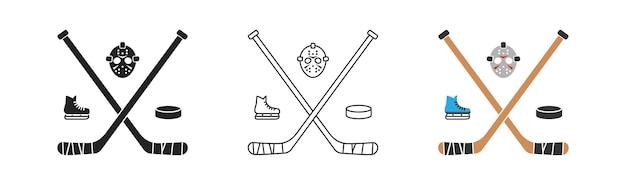 Icono aislado de hockey sobre hielo Símbolos de equipos deportivos Máscara stick puck skate signos Diseño plano