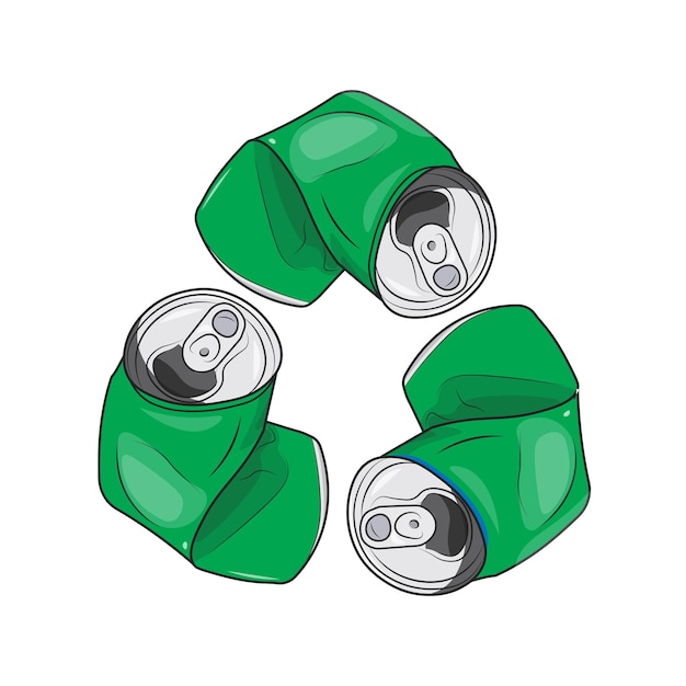 Icono aislado de reciclaje, reutilización y renovación hecho de latas verdes de refrescos de aluminio usadas en forma de triángulo