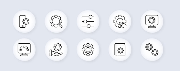 Icono de ajuste de configuración Deslizador de engranaje hardware flecha menú desplegable descargar reparación construcción arreglar mano teléfono portátil cabeza lupa control Estilo de neomorfismo Icono de línea vectorial para publicidad