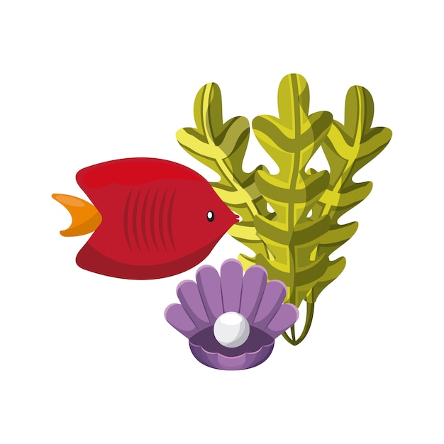 Vector icono de algas, peces y conchas. diseño de vida marina gráfico vectorial