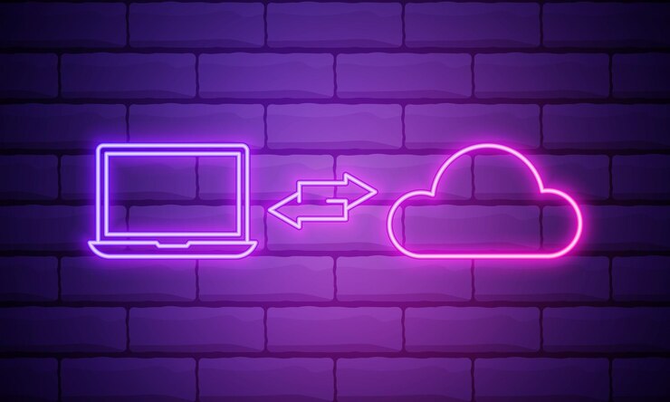 Vector icono de almacenamiento y transferencia de datos de tecnología de nube de neón brillante aislado en el fondo de la pared de ladrillo ilustración vectorial