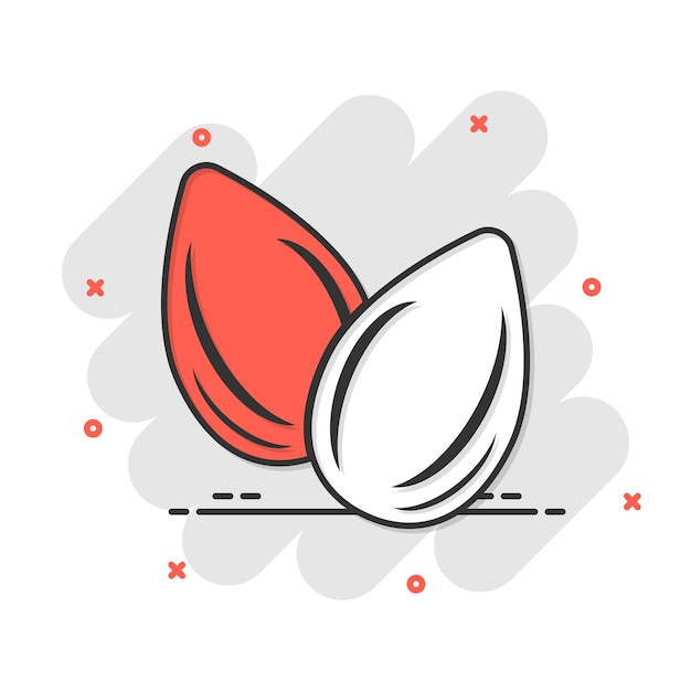 Icono de almendra en estilo cómico Ilustración de dibujos animados de vector de frijol sobre fondo blanco aislado Efecto de salpicadura de concepto de negocio de nuez