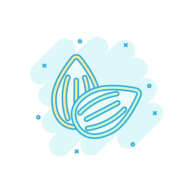 Icono de almendra en estilo cómico Ilustración de dibujos animados de vector de frijol sobre fondo blanco aislado Efecto de salpicadura de concepto de negocio de nuez