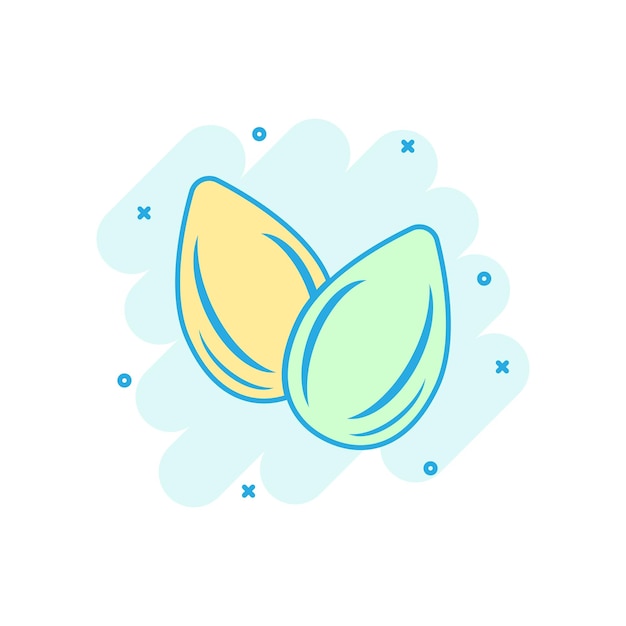 Icono de almendra en estilo cómico Ilustración de dibujos animados de vector de frijol sobre fondo blanco aislado Efecto de salpicadura de concepto de negocio de nuez