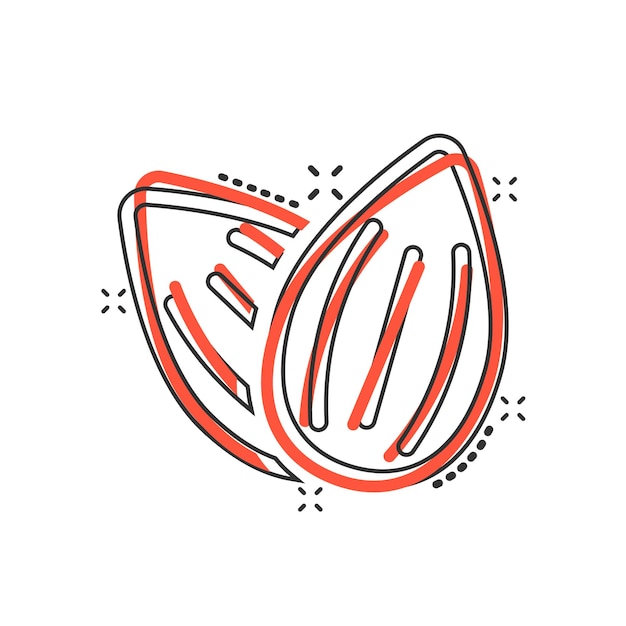 Icono de almendra en estilo cómico Ilustración de dibujos animados de vector de frijol sobre fondo blanco aislado Efecto de salpicadura de concepto de negocio de nuez