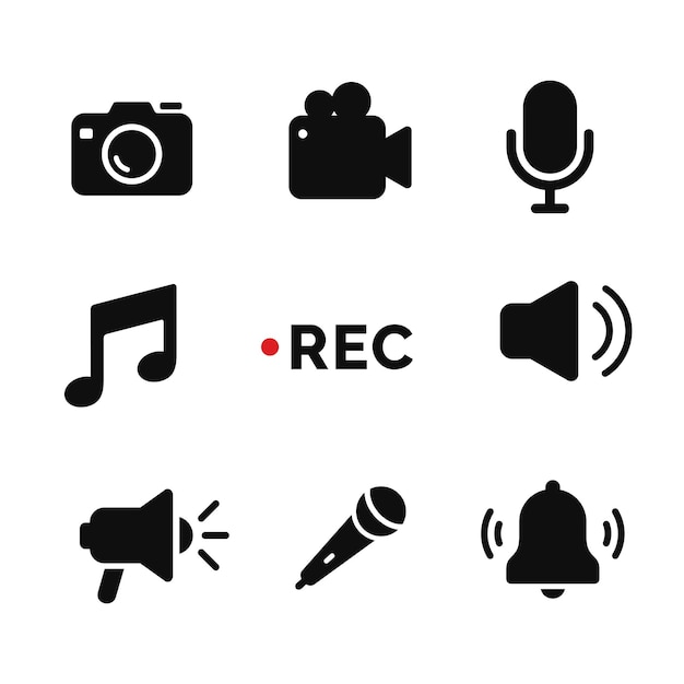 Icono de altavoz de grabación de música del micrófono de la cámara aislado en un fondo blanco
