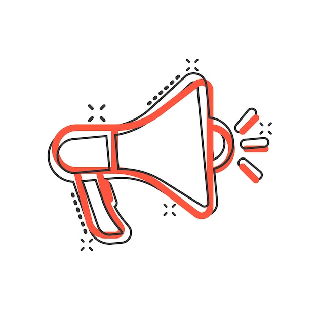Icono de altavoz de megáfono en estilo cómic Ilustración de vector de dibujos animados de signo de megáfono sobre fondo blanco aislado Concepto de negocio de efecto de salpicadura de anuncio de grito