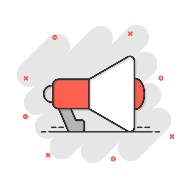 Icono de altavoz de megáfono en estilo cómic Ilustración de vector de signo de dibujos animados de megáfono sobre fondo blanco aislado Concepto de negocio de efecto de salpicadura de anuncio de grito