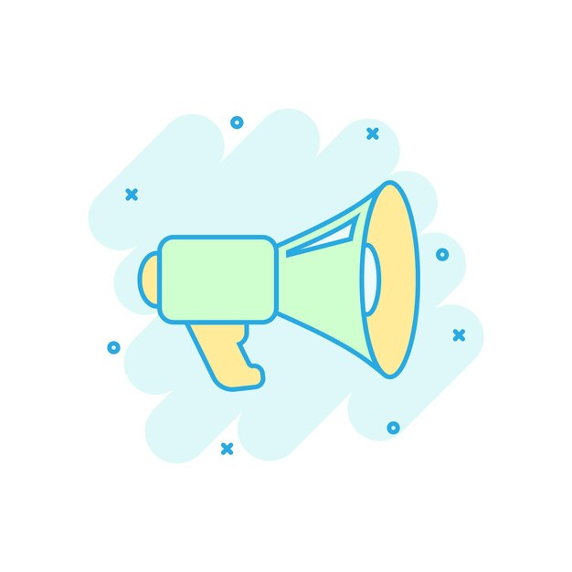 Icono de altavoz de megáfono en estilo cómico Bullhorn ilustración de dibujos animados vectoriales en fondo blanco aislado Anuncio de grito concepto de negocio efecto de salpicadura