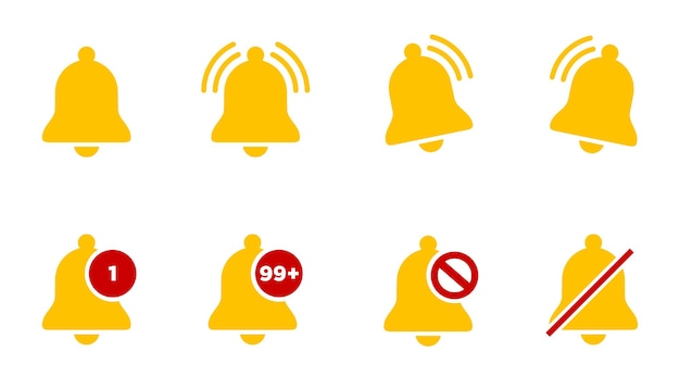 El icono amarillo de la campana de notificación se establece Símbolo de alarma Sonido de campanas icono de recordatorio de mensaje de la caja de entrada de entrada