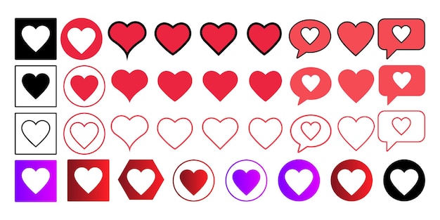 El icono de amor establece botones vectoriales nubes símbolo de señal de red reacción como buenas emociones corazón