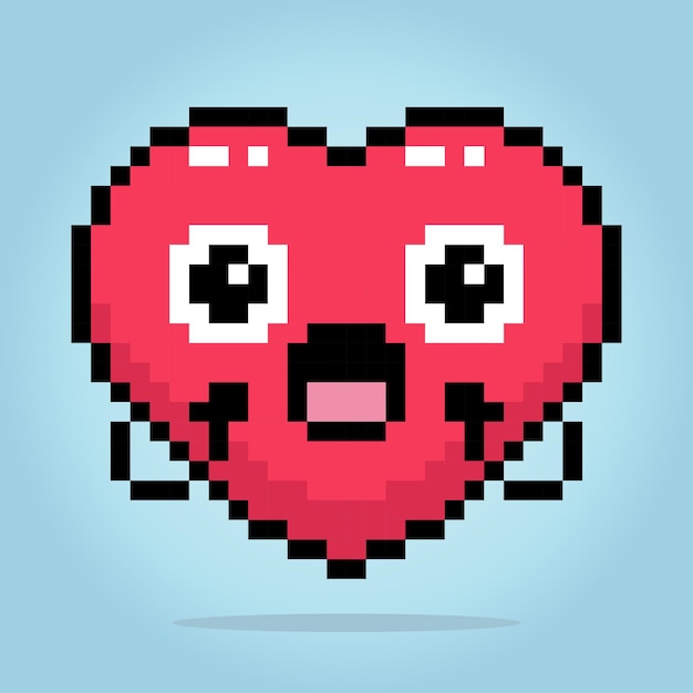 El icono del amor del personaje del corazón de píxeles de 8 bits se sorprende en las ilustraciones vectoriales